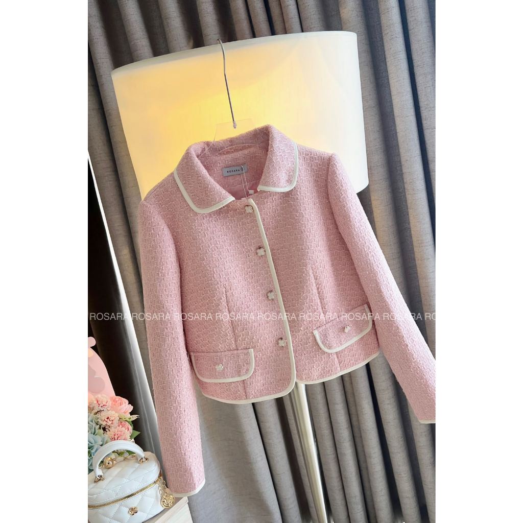 Áo Khoác Dạ Tweed Đan Sợi Ánh Kim Tuyến Hồng Thời Trang Nữ Rosara K21