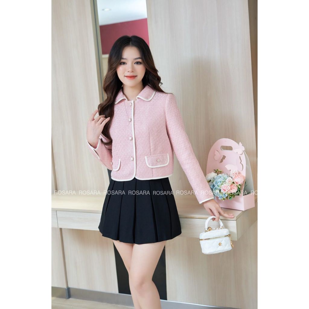 Áo Khoác Dạ Tweed Đan Sợi Ánh Kim Tuyến Hồng Thời Trang Nữ Rosara K21