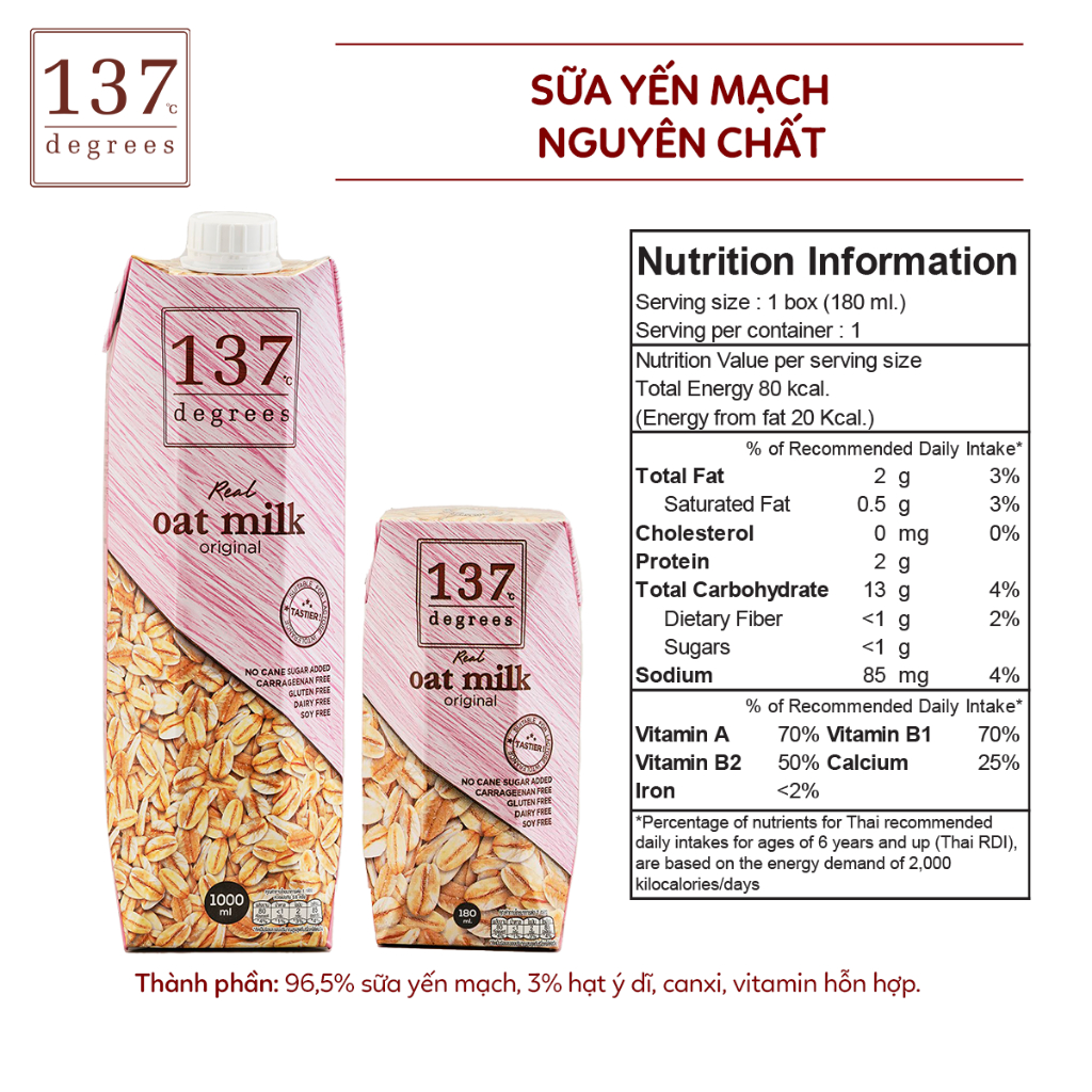 Sữa Hạt Yến Mạch 137 Degrees Nguyên Chất Không Đường, Không Sữa Bò, Không Đậu Nành (180ml x 3 Hộp)