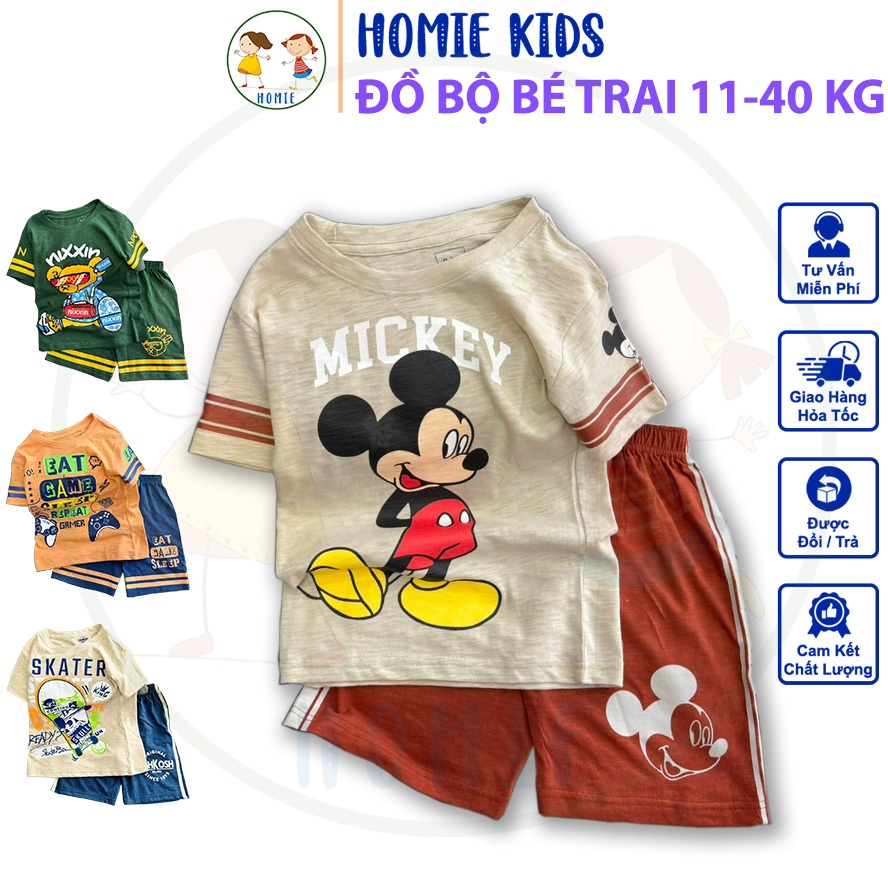 Đồ Bộ Cotton Bé Trai Size Đại Set Bộ Quần Áo Cộc Tay Cho Bé Trai 11-40 Kg Mặc Mát In Hoạt Hình Game Homie Kids