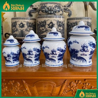 [4 CỠ] Choé thờ men lam Bát Tràng loại I, Hũ đựng muối gạo nước thờ cúng chất liệu gốm sứ hoạ tiết sen, rồng