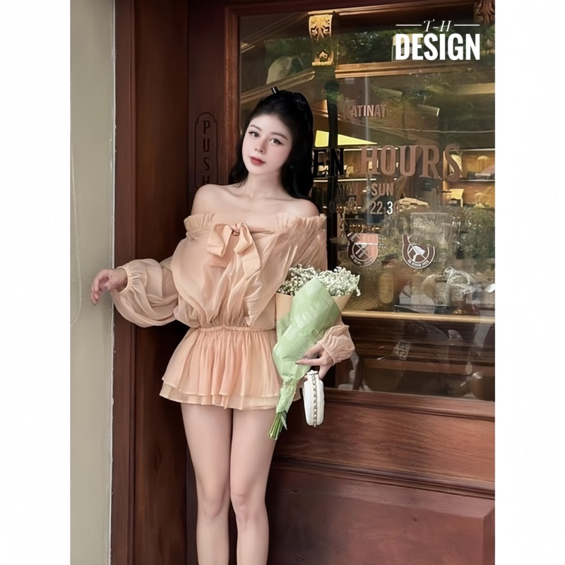 Áo Trễ Vai Bánh Bèo Chun Eo Xoè Dưới Chất Voan Tơ