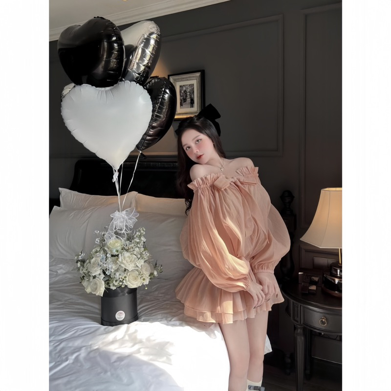Áo Trễ Vai Bánh Bèo Chun Eo Xoè Dưới Chất Voan Tơ