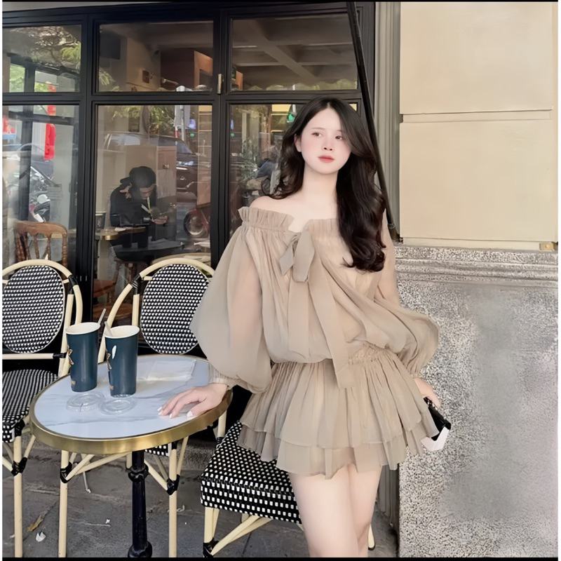 Áo Trễ Vai Bánh Bèo Chun Eo Xoè Dưới Chất Voan Tơ