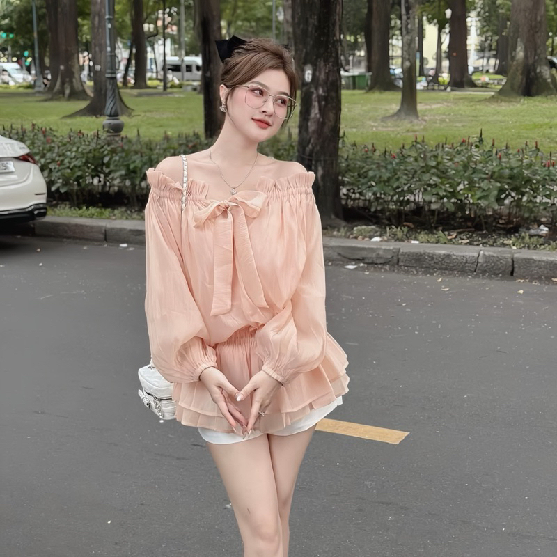 Áo Trễ Vai Bánh Bèo Chun Eo Xoè Dưới Chất Voan Tơ