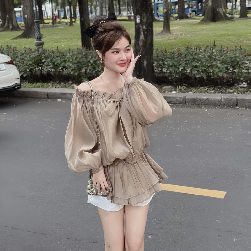 Áo Trễ Vai Bánh Bèo Chun Eo Xoè Dưới Chất Voan Tơ