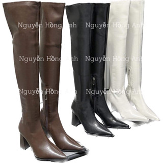 Bốt đùi (boot da) mũi nhọn khoá gót đế vuông cao 7p (FULL HỘP) cho nữ bd285