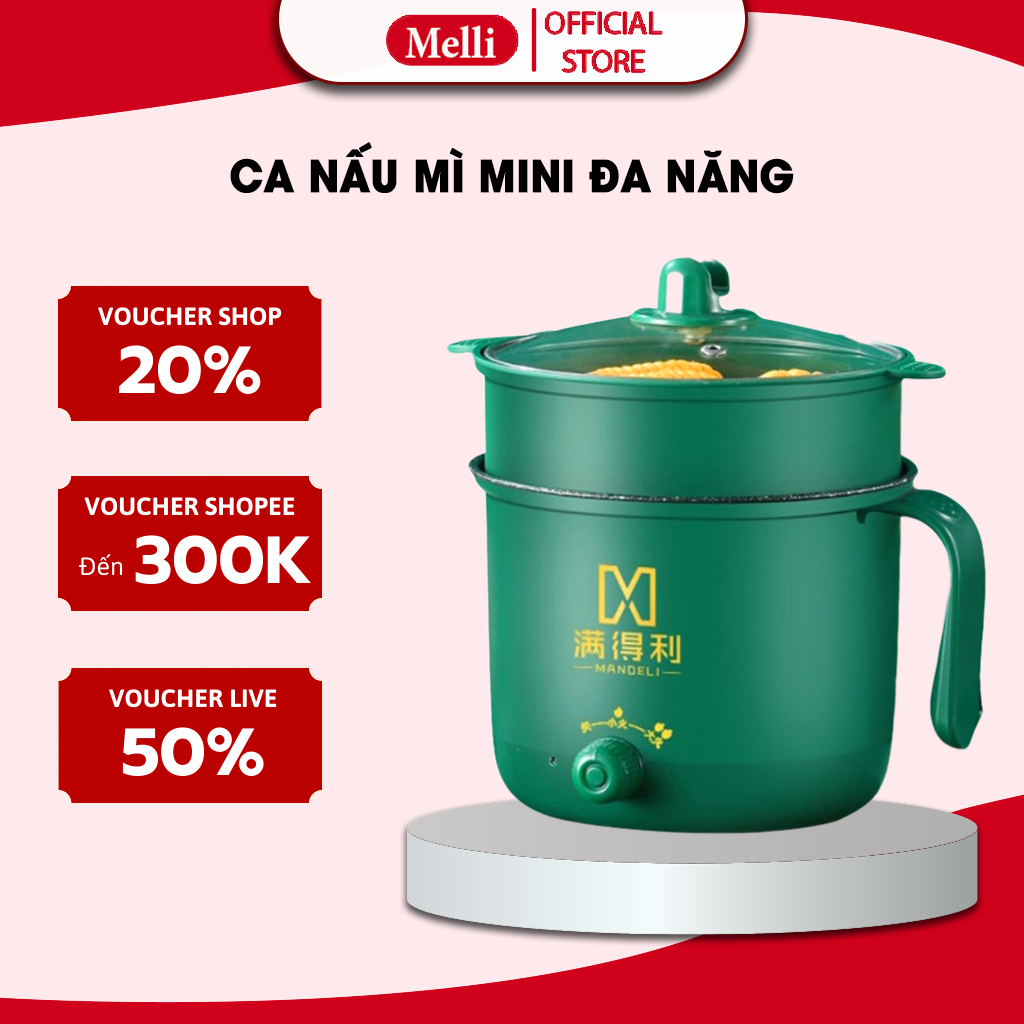 Nồi Lẩu Điện Mini Melli Nấu Mì 2 Tầng Kèm Giá Hấp Đa Năng Luộc Chiên Xào Chống Dính Vân Đá Tiện Lợi Ca nấu Mì Mẫu Mới