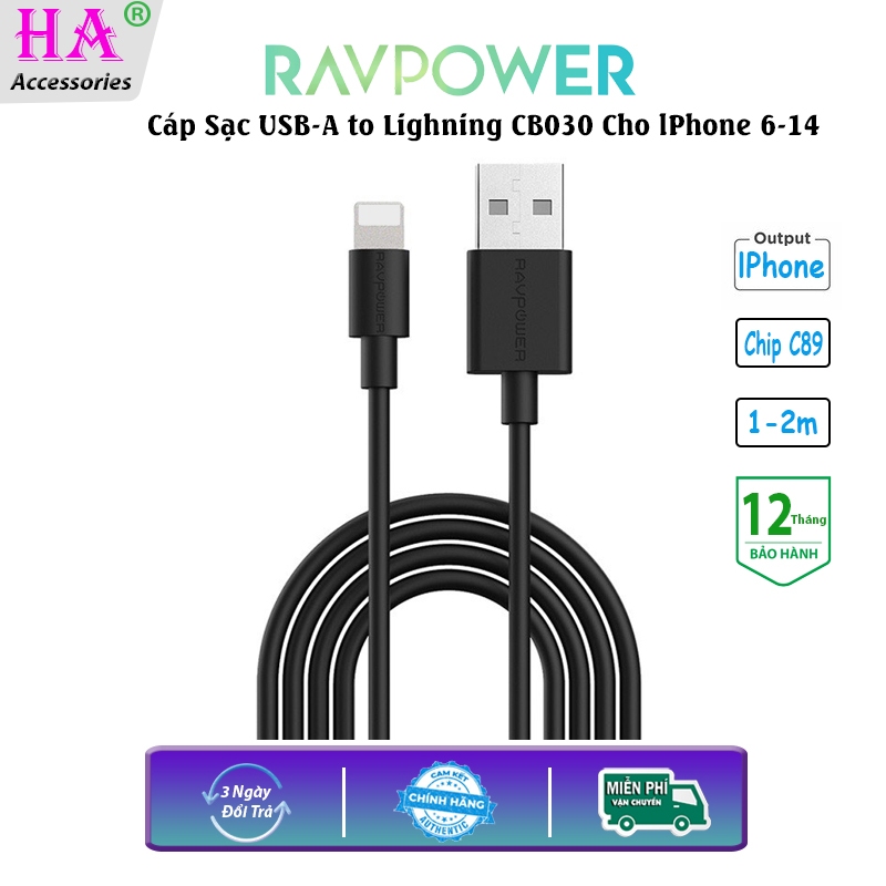 Cáp RAVPower Usb-A to L Cho lPhone 6 - 14 PRM ,Chip Bạc C89 CHống Cháy CB030 CB031 1m 2m