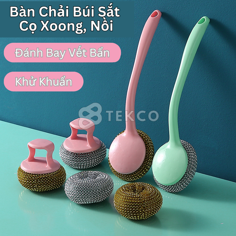 Dụng Cụ Chà Rửa Xoong, Nồi, Niêu - Bàn Chải Búi Sắt Cọ Xoong, Nồi Cán Dài