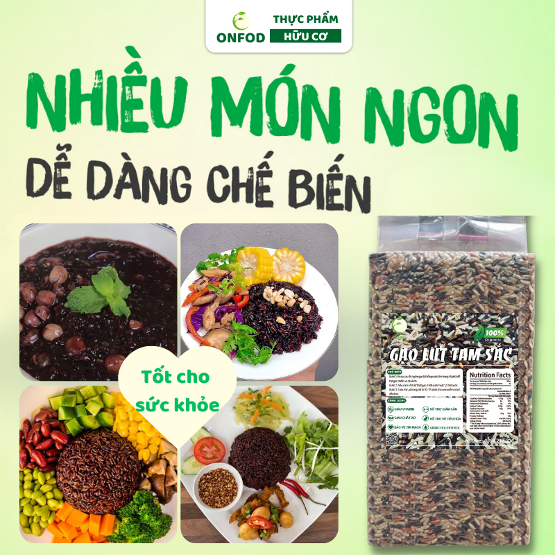 Gạo lứt dẻo điện biên tam sắc hữu cơ 1kg ONFOD, mix gạo lức đen lứt đỏ lứt séng cù ăn kiêng hỗ trợ giảm cân thực dưỡng