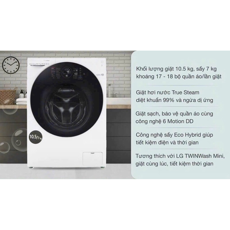 Máy giặt sấy LG Inverter giặt 10.5 kg - sấy 7 kg FG1405H3W1. Bảo hàng chính hãng