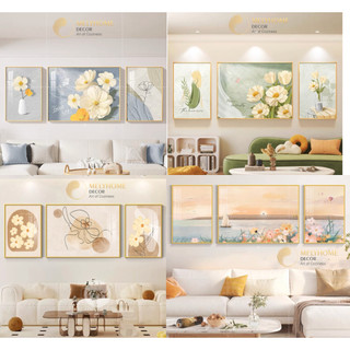KHỔ LỚN-Cao cấp Bộ 3 Tranh Treo Tường Tráng gương Canvas Hoa Tulip Mẫu Đơn Hoàng Hôn Khách/ Ngủ/ khai trương mới Decor