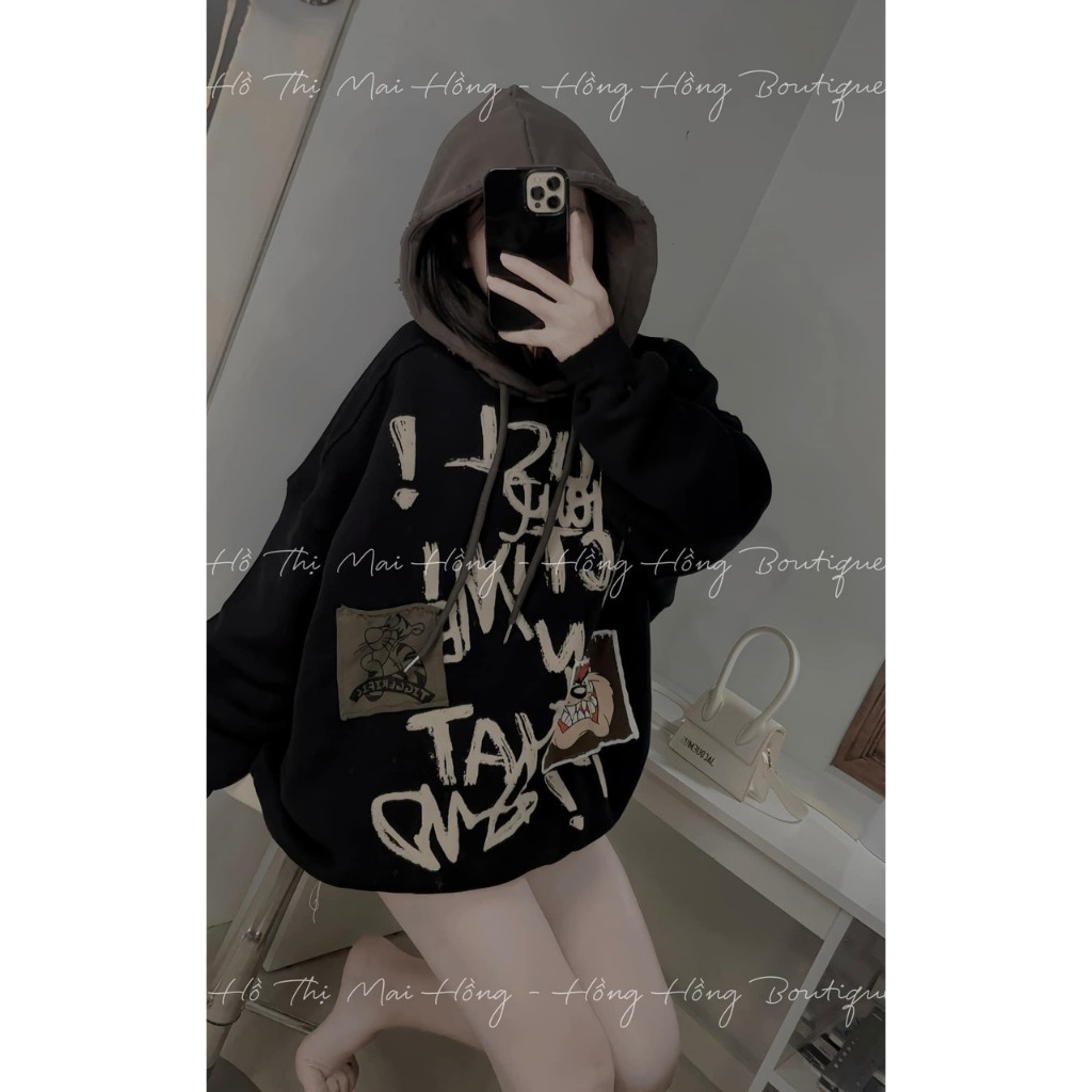Áo Hoodie In Chữ Họa Tiết Nam Nữ Dáng rộng Unisex Mũ To Tay Bồng Bigsize - Áo Nỉ Sweater