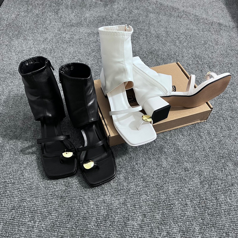 Giày Bốt Gót Dày Mũi Vuông Xỏ Ngón Khóa KL Xinh Màu Trơn Thoải Mái Dây Kéo Hong Thời Trang