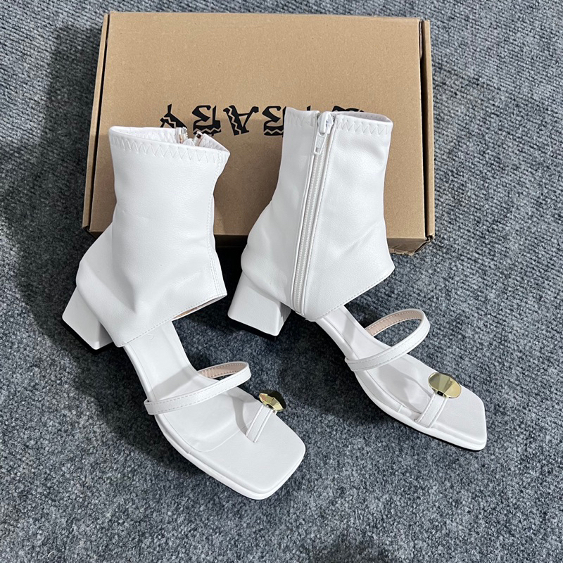 Giày Bốt Gót Dày Mũi Vuông Xỏ Ngón Khóa KL Xinh Màu Trơn Thoải Mái Dây Kéo Hong Thời Trang