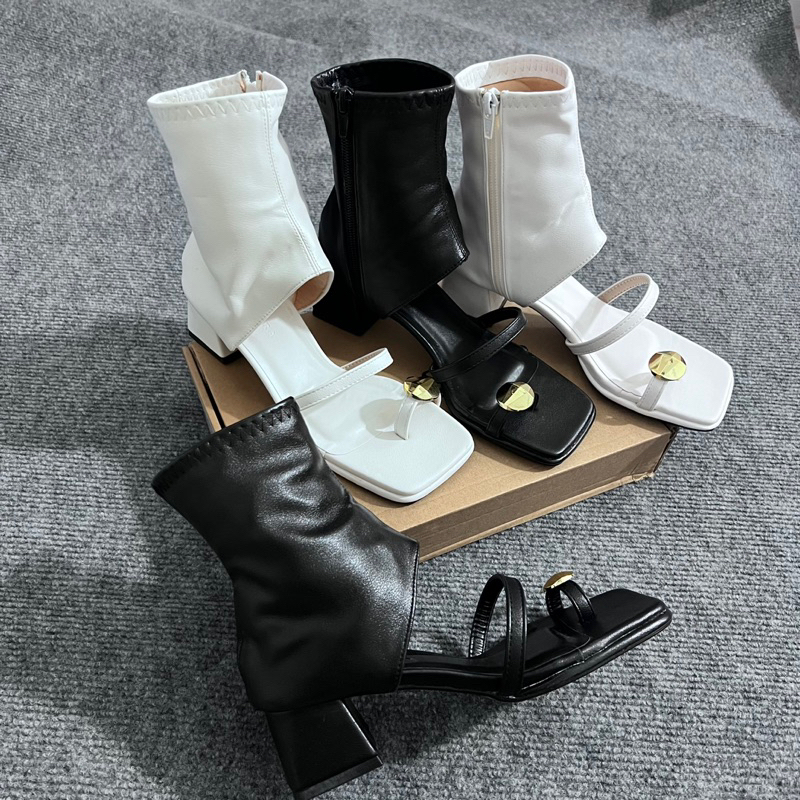 Giày Bốt Gót Dày Mũi Vuông Xỏ Ngón Khóa KL Xinh Màu Trơn Thoải Mái Dây Kéo Hong Thời Trang