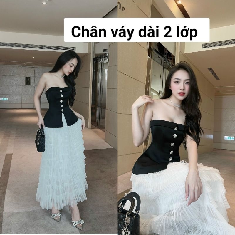 [Hàng 2 lớp] Chân váy xếp ly tầng ren lưới dáng dài ( loại cạp ren bọc chun)