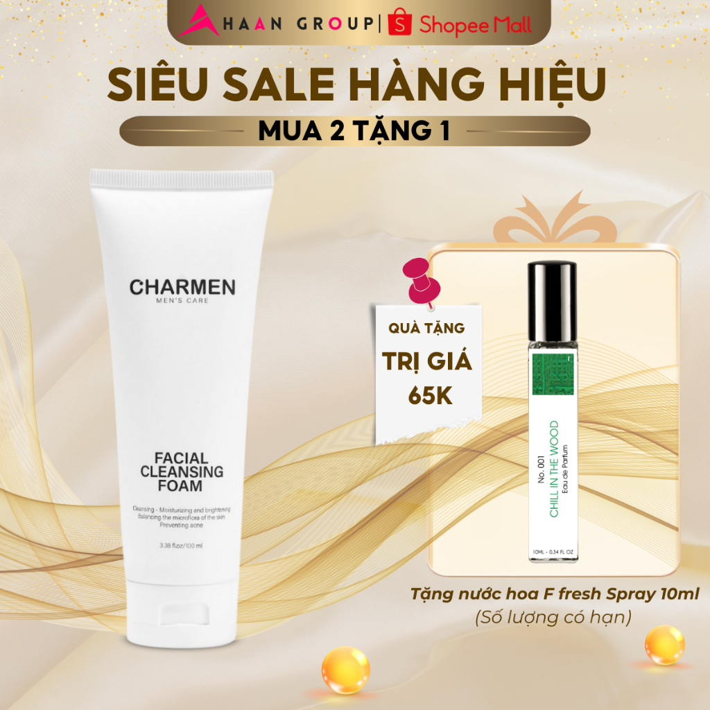 Sửa Rữa Mặt Nam CHARMEN FACIAL CLEANSING FOAM Ngăn ngừa mụn, Làm sạch thông minh, Giúp cân bằng hệ vi sinh trên da 100ML