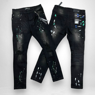 Quần jean nam amiri đen mài rách tua gối vảy sơn nhăn 3D boy phố QJ369P 