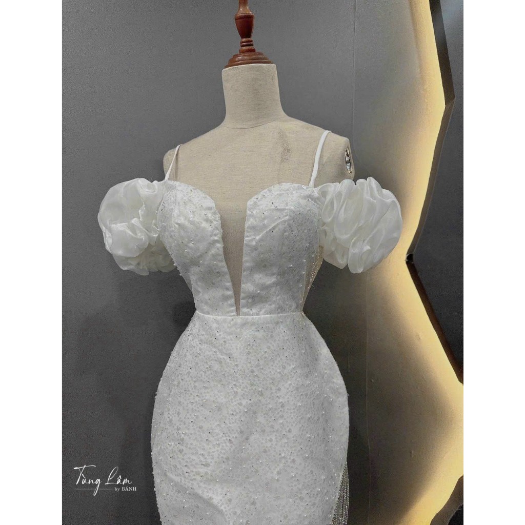 VÁY ĐẦM TIỆC KIM SA TRỄ VAI TUA RUA DÂY ĐÁ