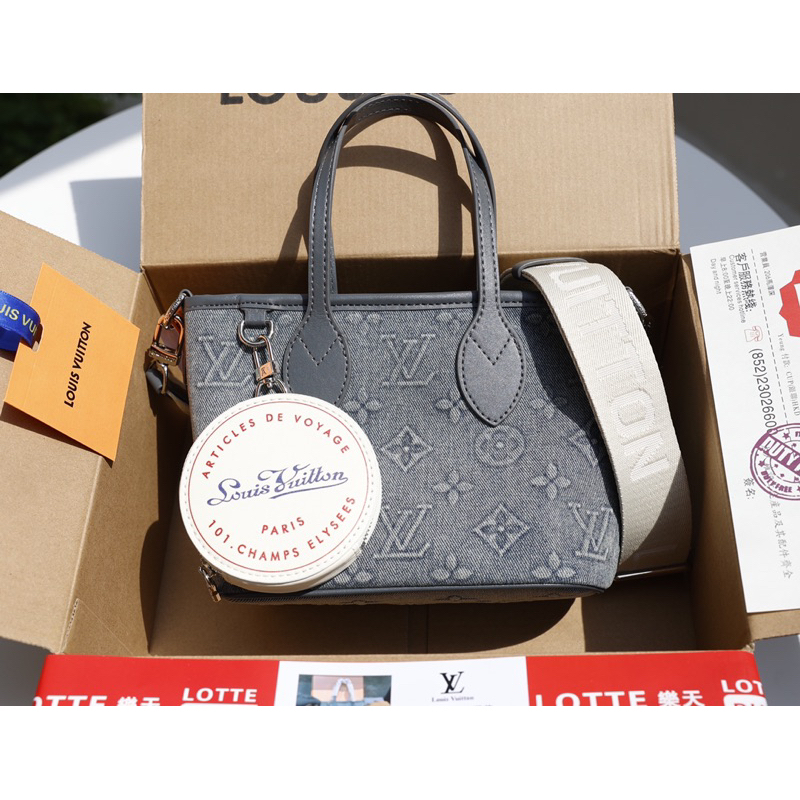 Túi L V NEVERFULL MINI vải bò denim dập hoạ tiết quai đeo bản to có logo size 19cm fullbox kèm ví tròn mini