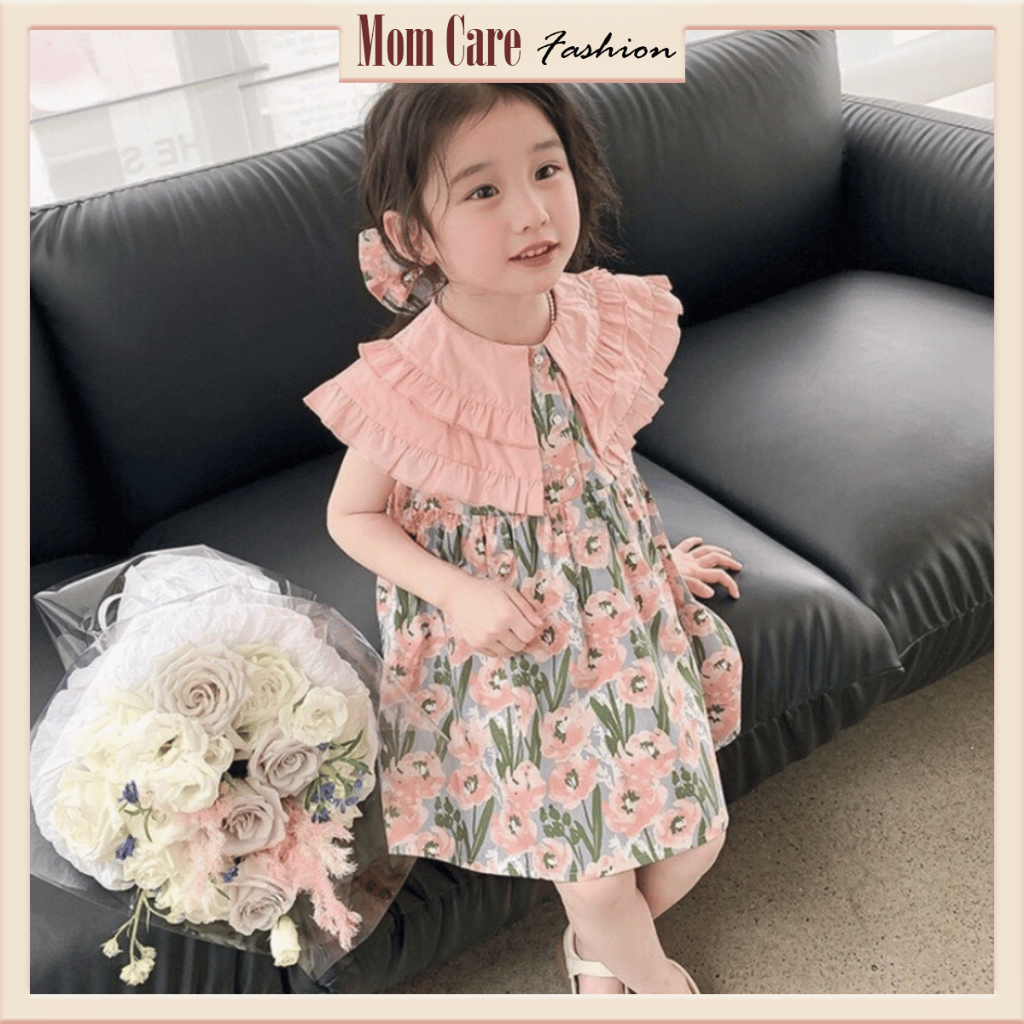 TT153 (8-32kg) Váy bé gái vải thô mát, họa tiết vải hoa hồng xinh xắn, cổ áo búp bê - MOMCARE Dress