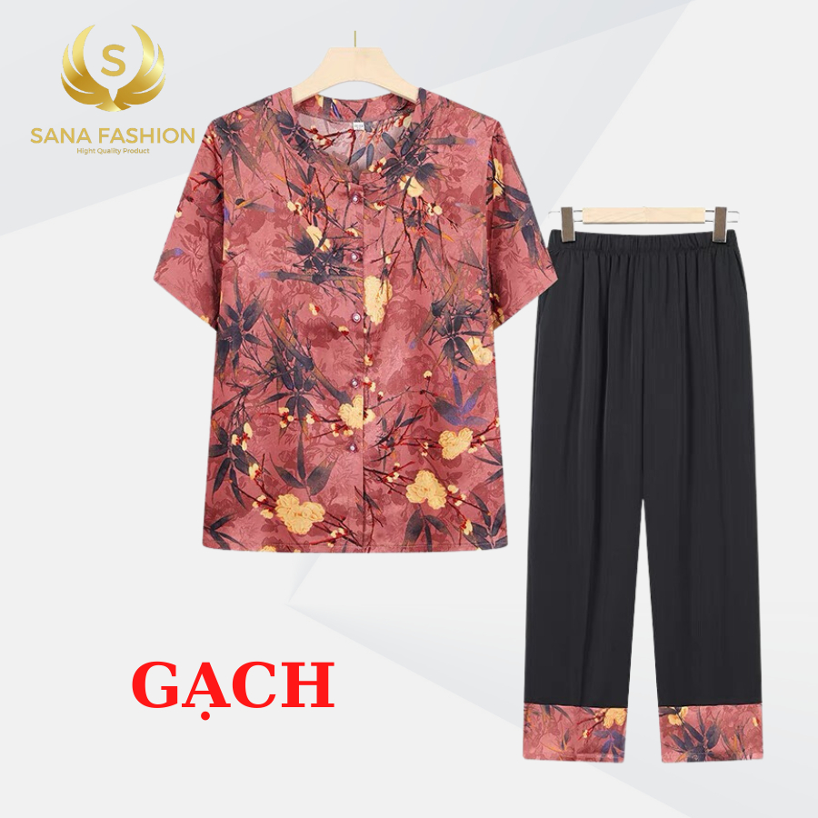 Đồ bộ cho mẹ mặc nhà trung niên, bộ vải Lụa Pháp trung niên nữ áo họa tiết, quần phối cao cấp. HT03