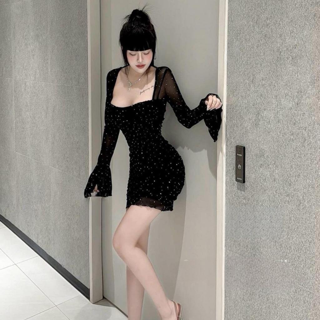 Váy nữ nhũ bling tay loe kèm hoa cổ V53