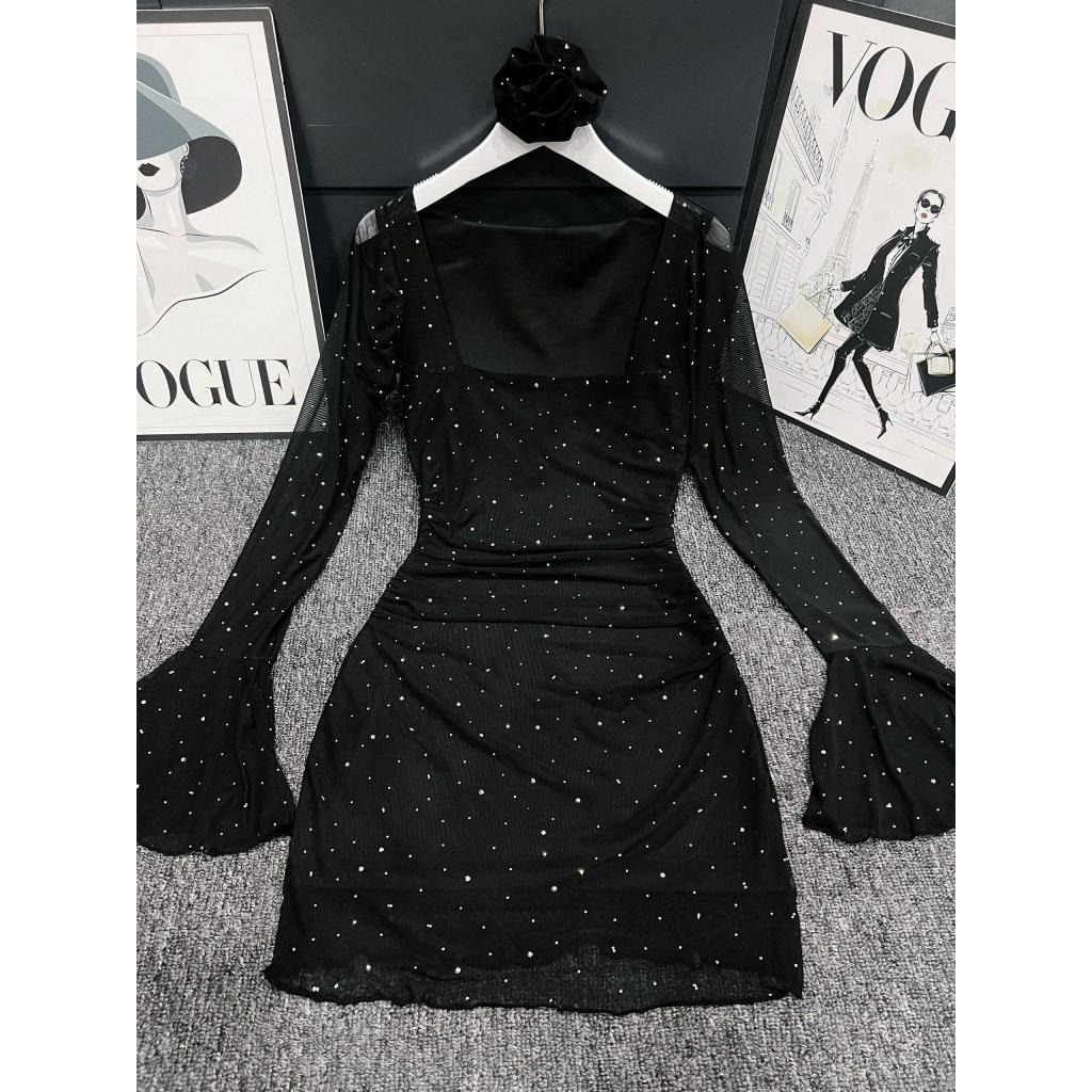 Váy nữ nhũ bling tay loe kèm hoa cổ V53