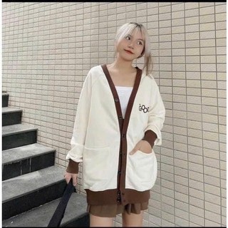 Áo Khoác Cardigan Nữ Viền Nâu Gài Nút In Logo GOODS From Rộng Phối 2 Túi Vuông