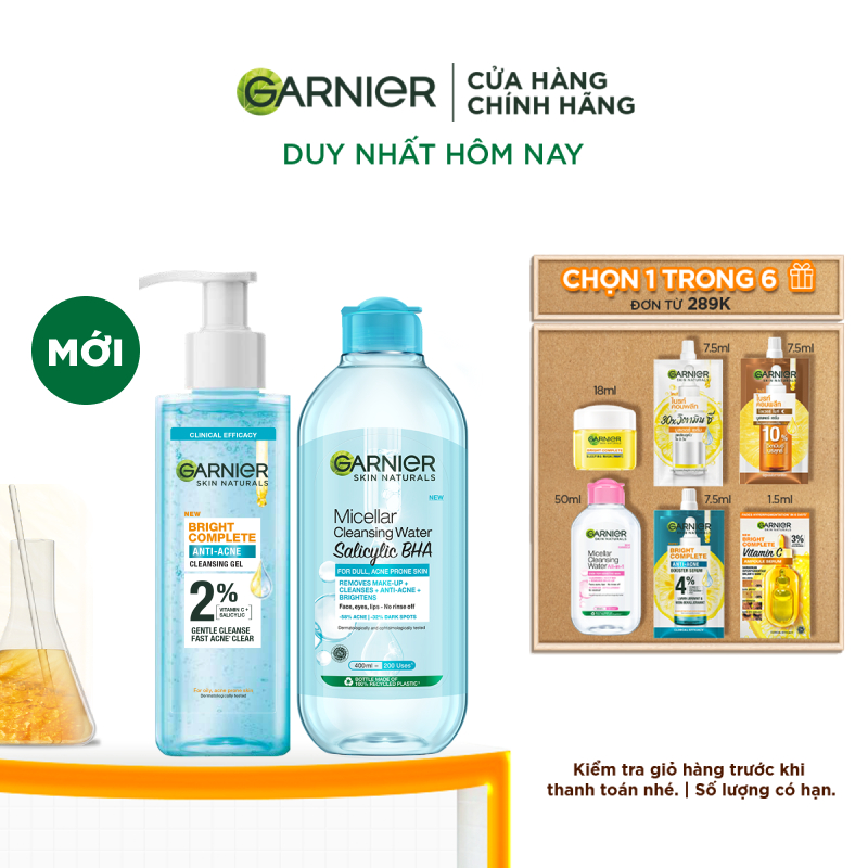 & Nước tẩy trang BHA Garnier Bright Complete Anti-Acne (120ml x 400ml)