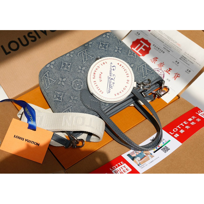 Túi L V NEVERFULL MINI vải bò denim dập hoạ tiết quai đeo bản to có logo size 19cm fullbox kèm ví tròn mini