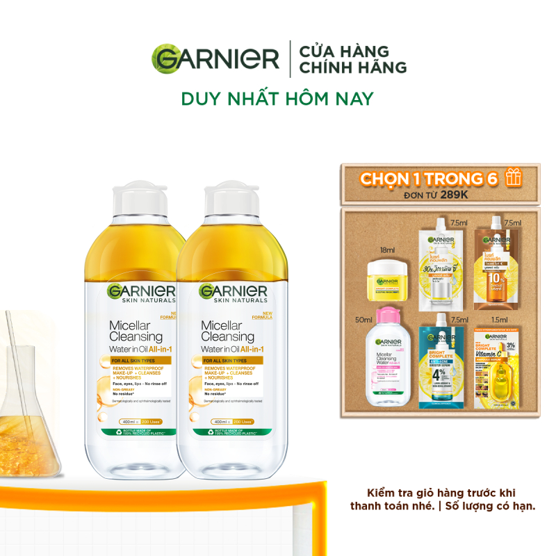 Bộ 2 nước làm sạch và tẩy trang cho da khô & trang điểm Garnier Micellar Water 400ml x 2