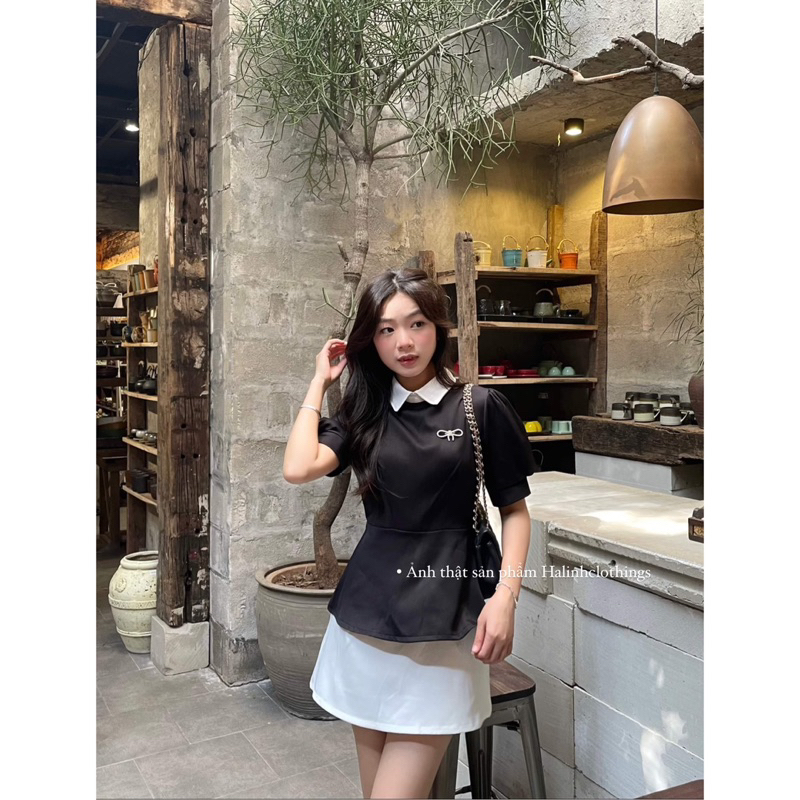 Set Áo Cổ Pha Tang Nơ Đá Mix Chân Váy Trắng 2 Lớp Sang Chảnh Có Ảnh Thật M74