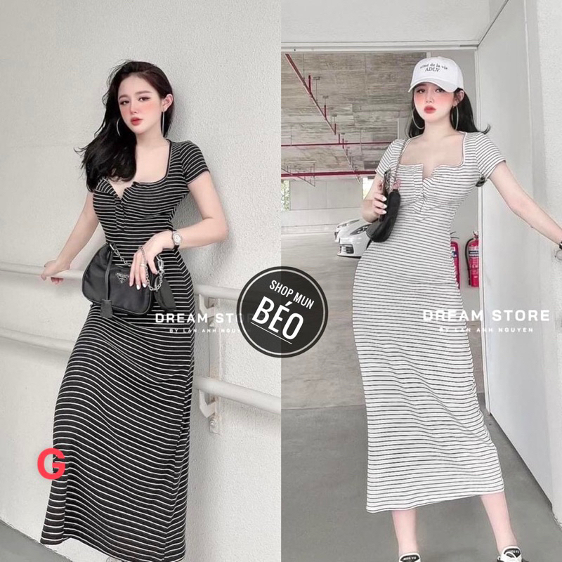 Đầm Ôm Body Dài Kẻ Sọc Ngang Dáng Suông MaM, Váy dài Thun Gân co giản
