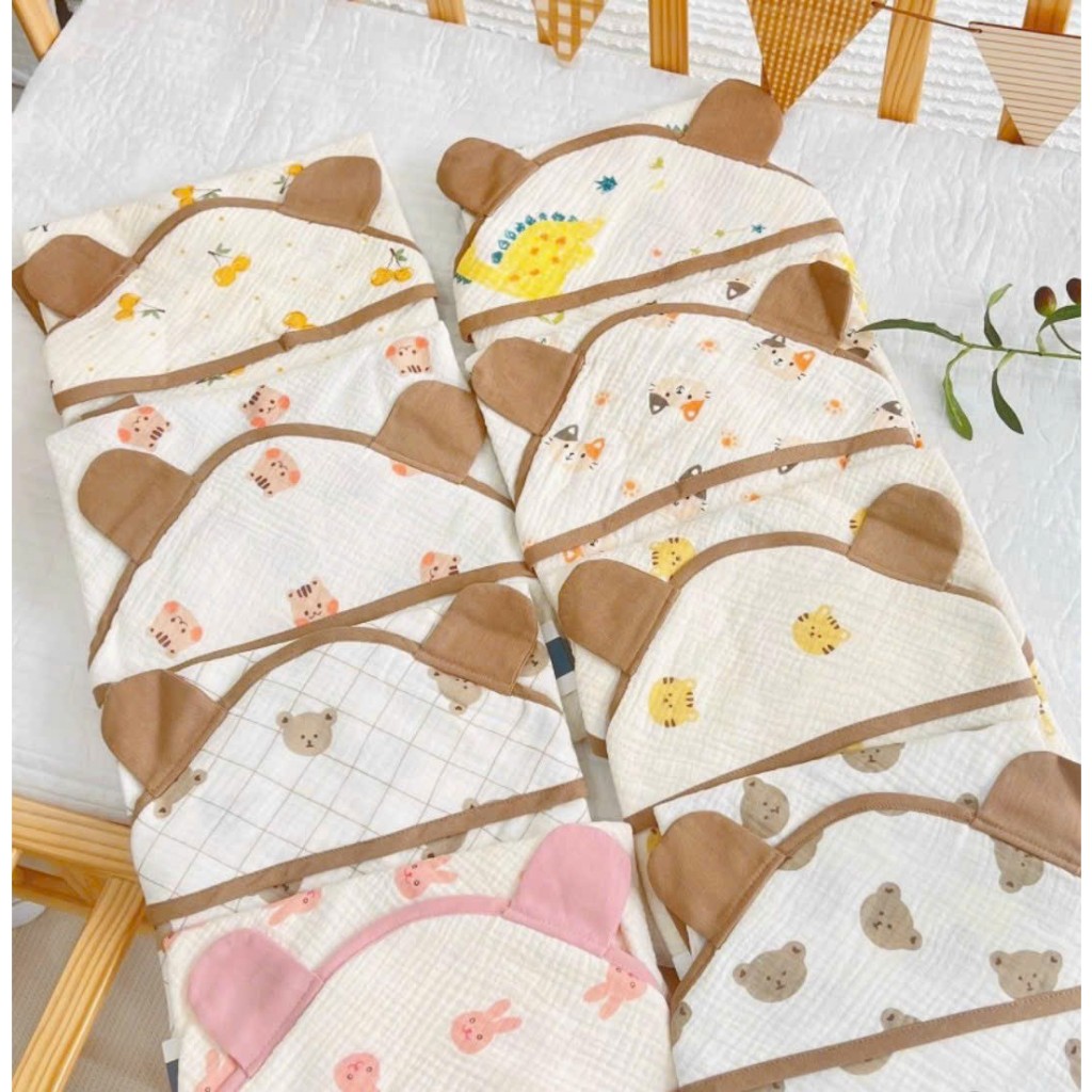 Ủ choàng muslin lót nhung hạt đậu cao cấp, kích thước 75x75cm nhiều hình ngộ nghĩnh đáng yêu cho bé