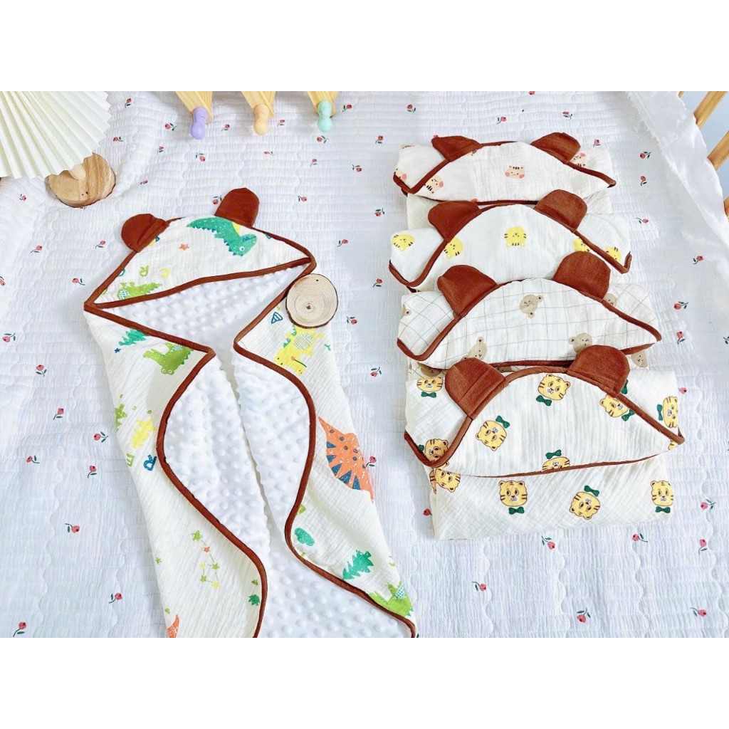 Ủ choàng muslin lót nhung hạt đậu cao cấp, kích thước 75x75cm nhiều hình ngộ nghĩnh đáng yêu cho bé