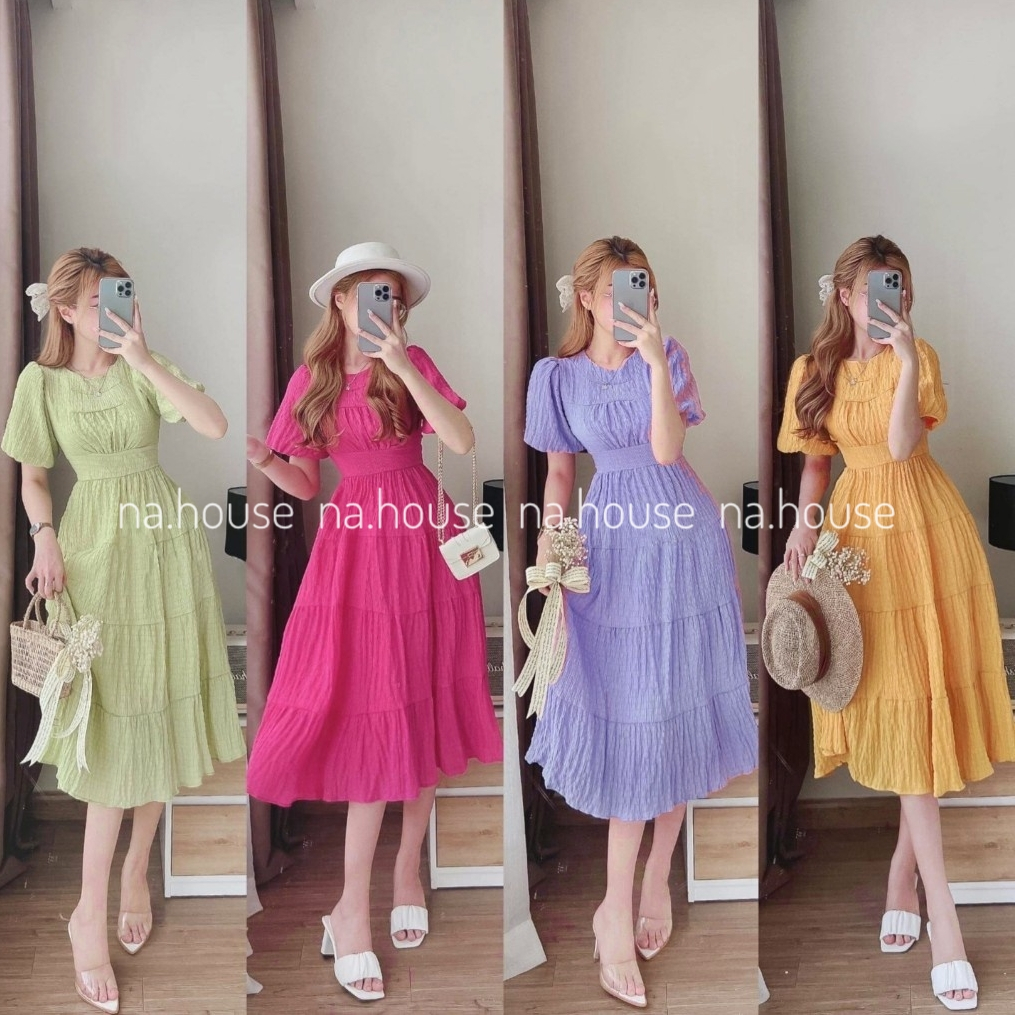 Đầm tiểu thư midi dáng xòe đi chơi dự tiệc công sở Nahouse váy babydoll tay phồng nối tầng thiết kế đẹp xinh xịn sang