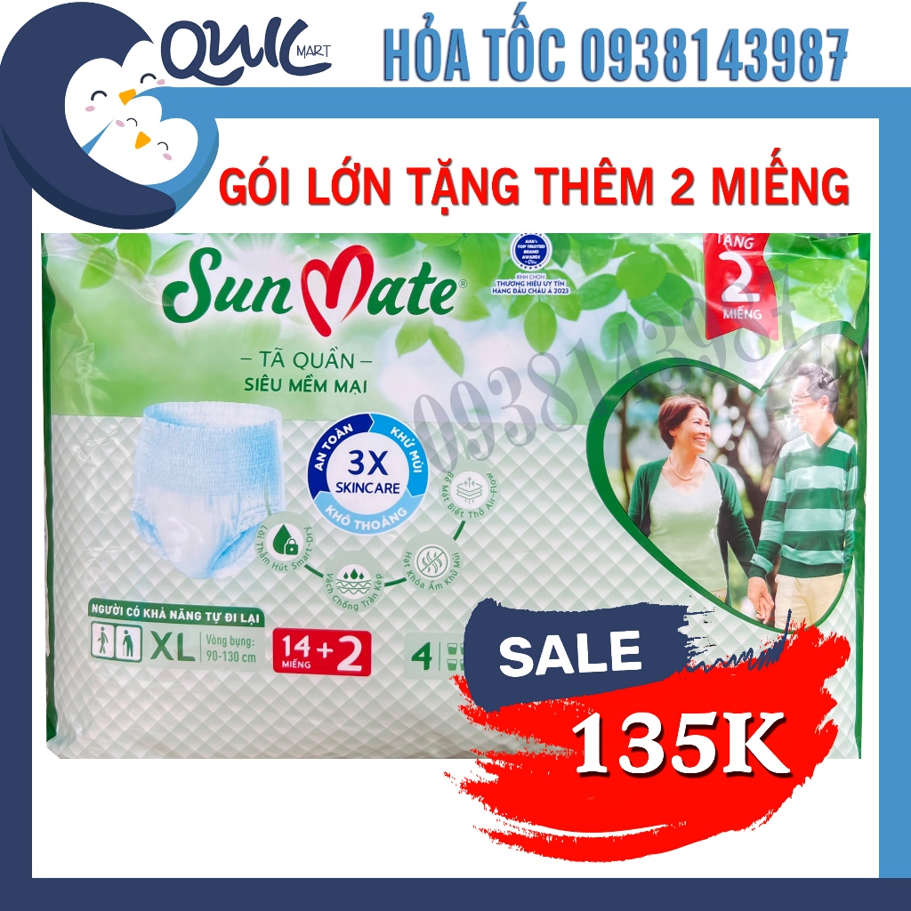 TẶNG 2 MIẾNG Tã bỉm quần Người già Sunmate gói lớn size M18 L16 XL14