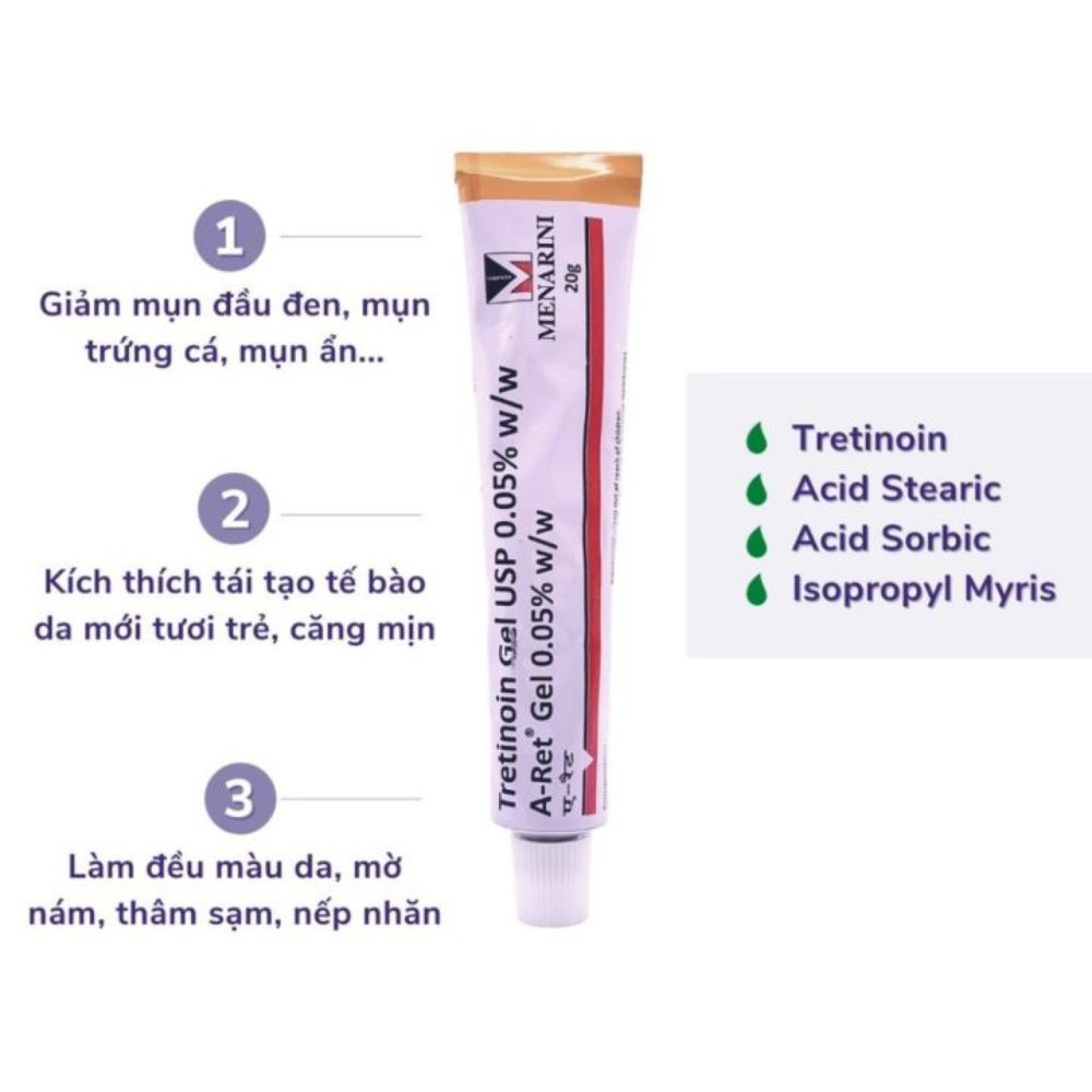 Vỏ hộpTretinoin Aret Gel Ngăn Ngừa Lão Hóa 0.1 / 0.05 / 0.025, Giúp giảm mụn, trẻ hóa da Tre Aret Ấn Độ