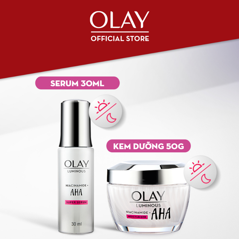 Combo 2: Kem Dưỡng + Serum Sáng Da, Mờ Thâm Mụn OLAY LUMINOUS NIACINAMIDE AHA (50G + 30ML)