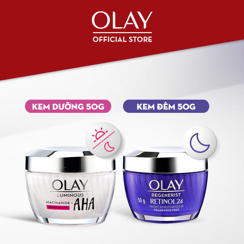 Combo 2 Kem Dưỡng Đêm Tái Tạo Da, Ngăn Lão Hóa OLAY RETINOL 50G & Kem Dưỡng Sáng Da, Mờ Thâm Mụn OLAY LUMINOUS AHA 50G