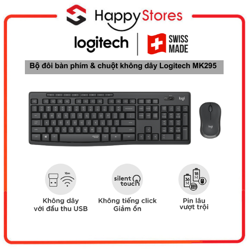 Bộ bàn phím và chuột Logitech MK295 Không Dây Silent thương hiệu Thụy Sĩ - Hàng chính hãng