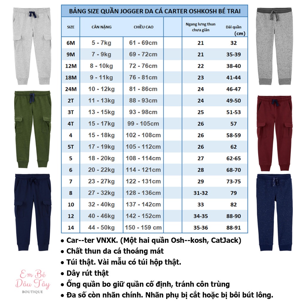 Quần jogger túi hộp bé trai 5-50kg thun da cá VNXK CA OSH. Quần dài túi hộp bé trai mẫu giáo, cấp 1, 2, 3, teen size nhí