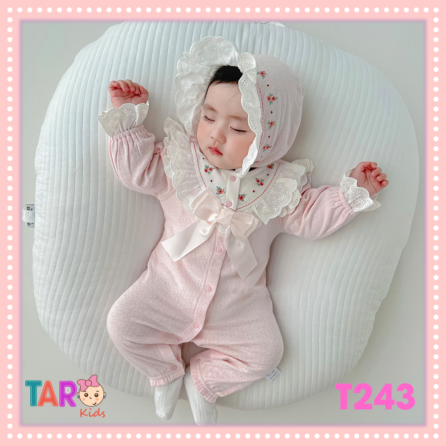Sét body thêu hoa kèm mũ cho bé sơ sinh, đầy tháng 0-12m