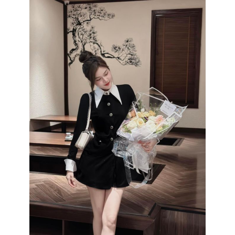 Váy chéo hàn phối cổ sơ mi và tay áo kèm quần trong
