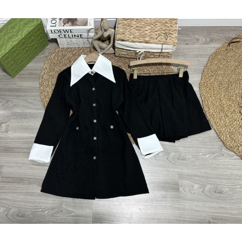 Váy chéo hàn phối cổ sơ mi và tay áo kèm quần trong