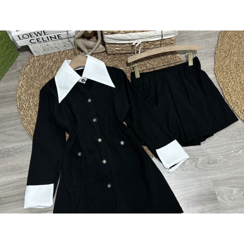 Váy chéo hàn phối cổ sơ mi và tay áo kèm quần trong