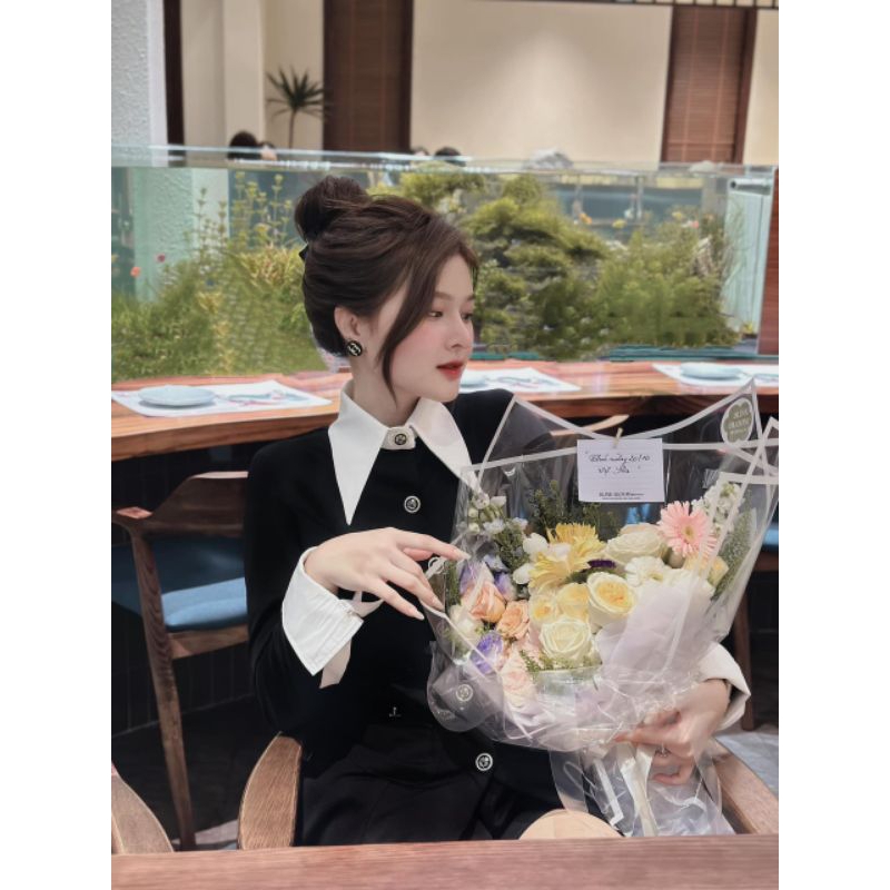 Váy chéo hàn phối cổ sơ mi và tay áo kèm quần trong